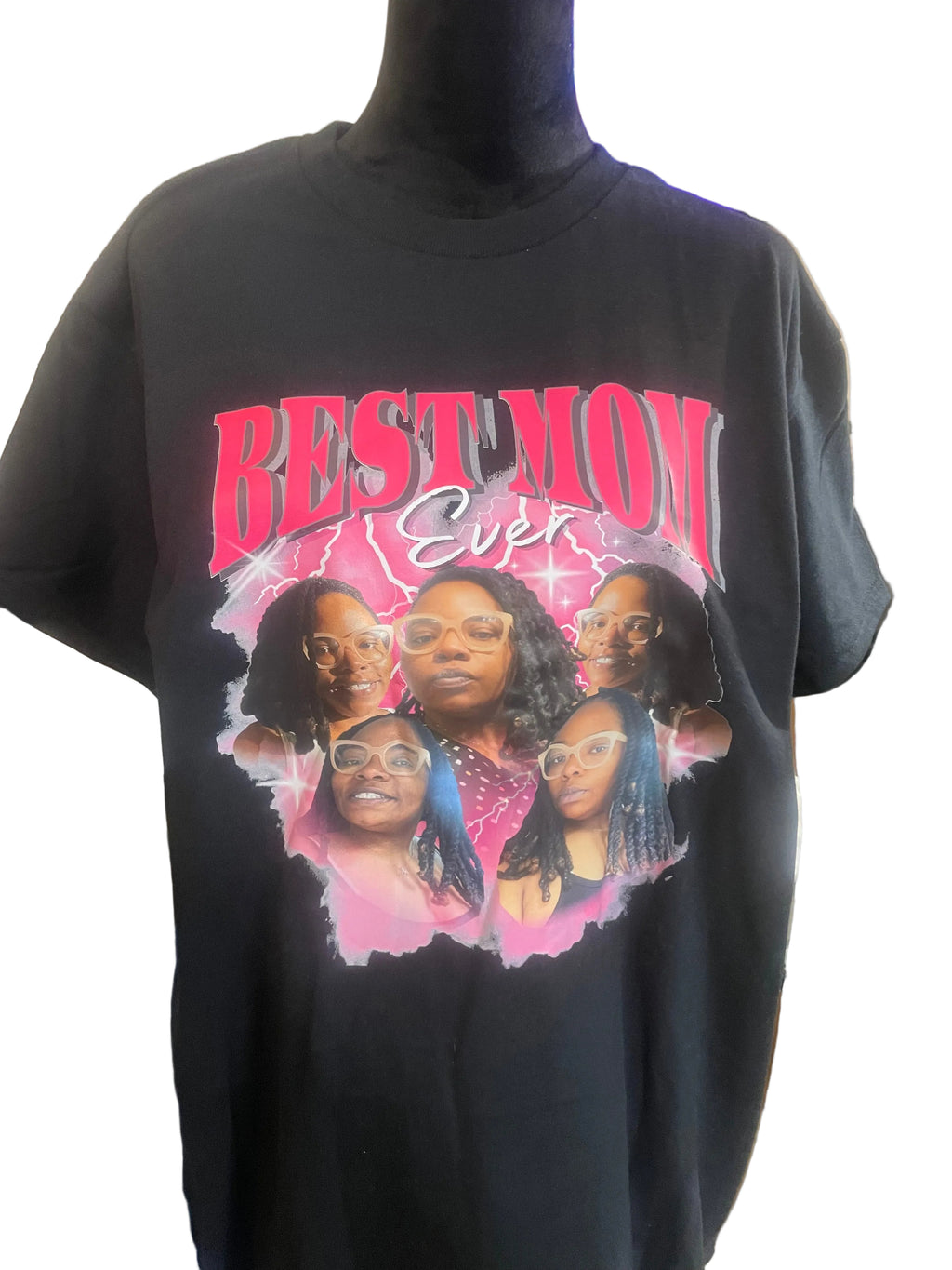 Black t-shirt with a graphic of a woman and text 'Best Mom Ever' on a mannequin.