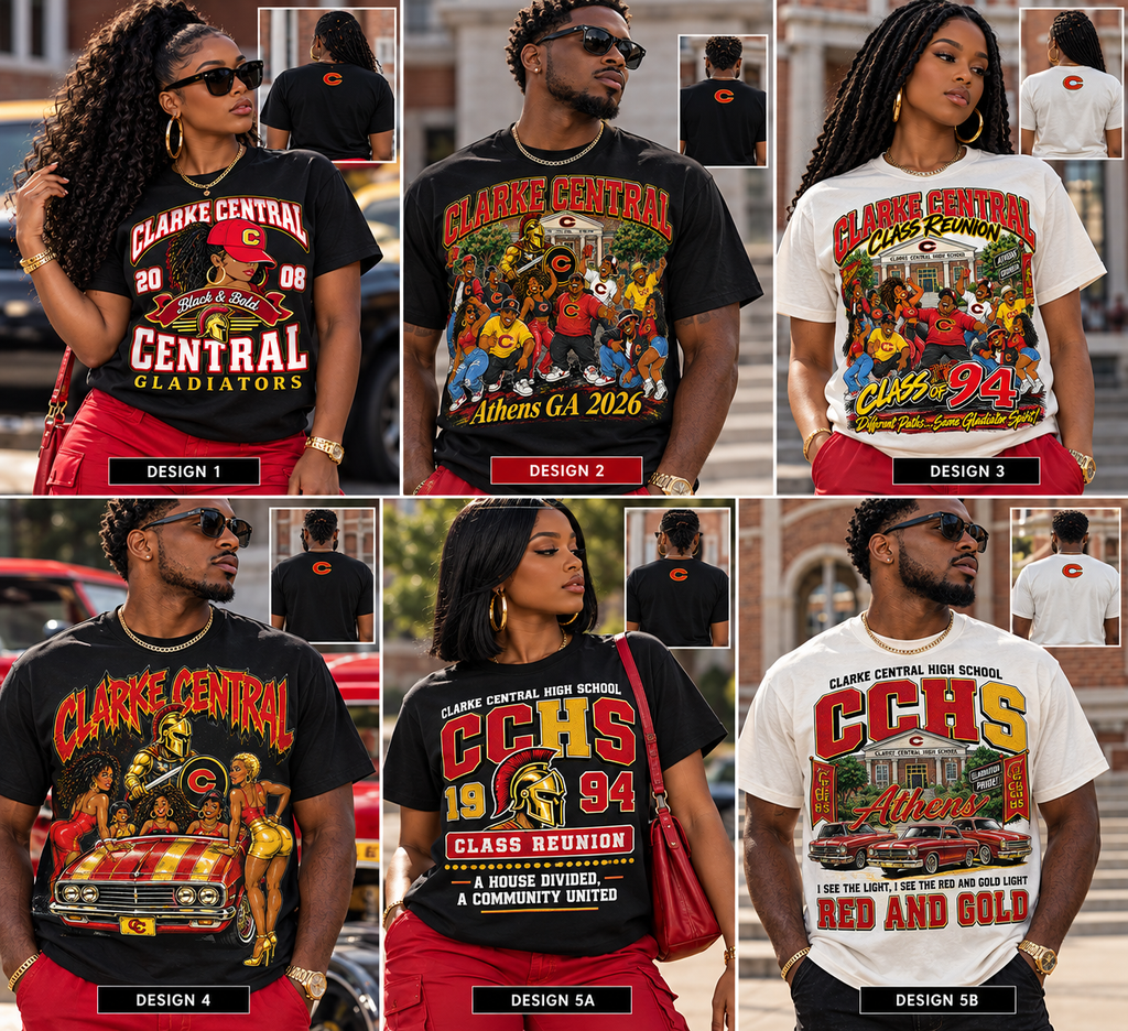 A 6-panel collage showing different printed t-shirt designs worn by models. The designs feature various colorful graphics, including cars, football players, and school-themed artwork, with text such as 'Clark Central High School Gradiants' and 'Class Reunion 1994'.