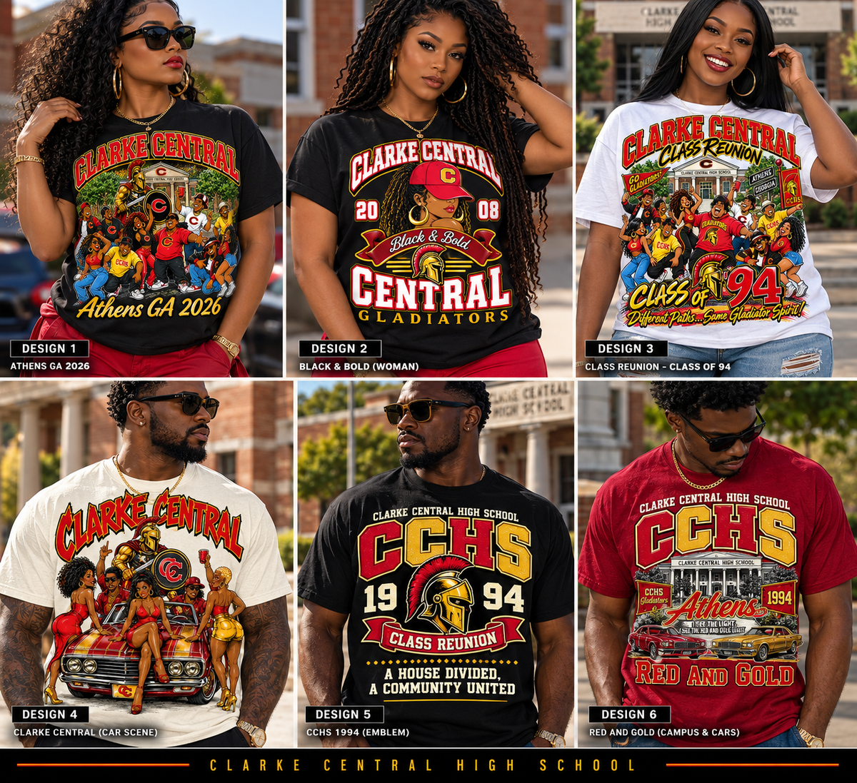 A 6-panel collage showing women modeling graphic T-shirts featuring Clarke Central High School designs in Athens, GA. The designs include black, red, and white shirts with colorful football-themed graphics, class reunion themes, and school logos.