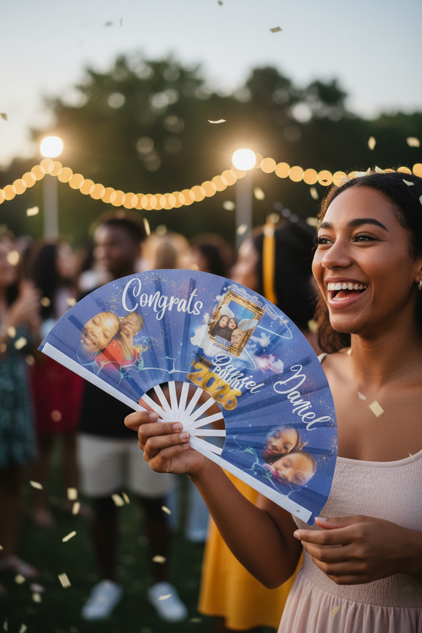 Person holding a large blue clack fan  with images of their family.