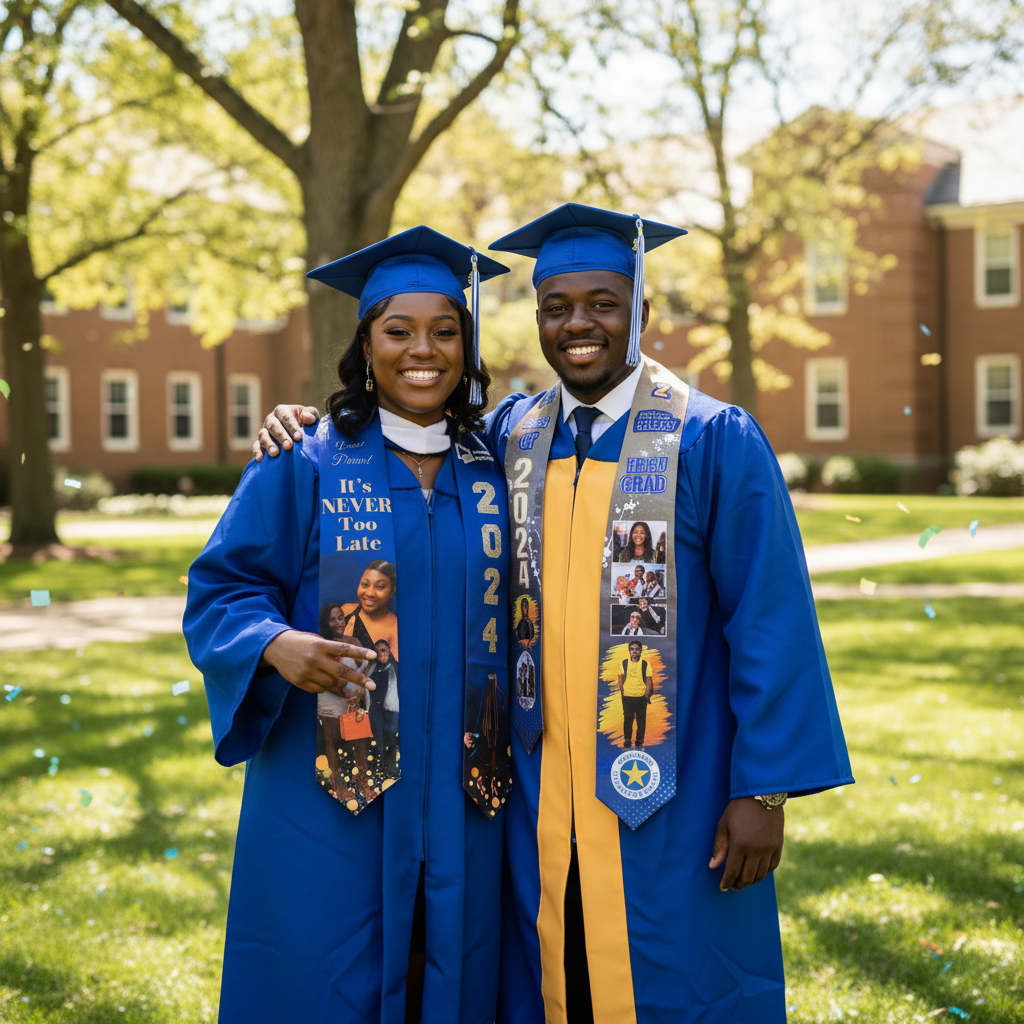 Promotional image featuring two graduation stoles with custom designs, displayed on mannequins against a golden background with graduation-themed graphics.