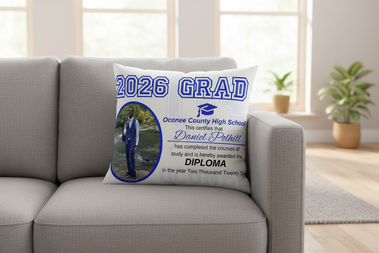 Graduation-themed certificate for Oconee County High School with a photo of a student in a blue suit.