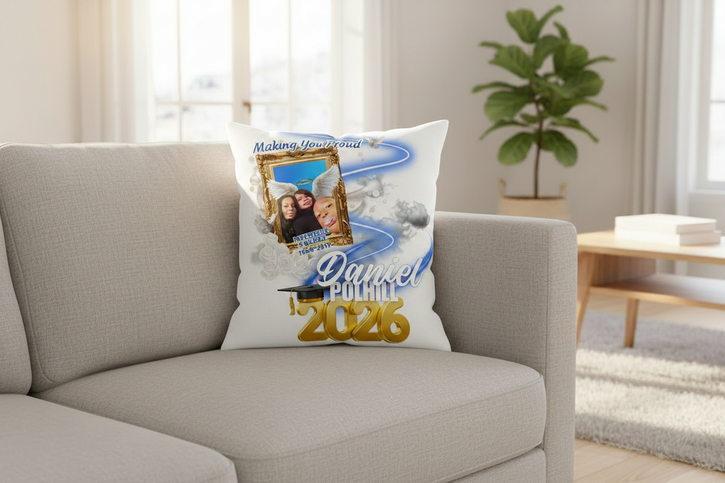 Memorial graphic with a golden frame, children's faces, and text that say "Making You Proud" with a graduation cap and year 2026.