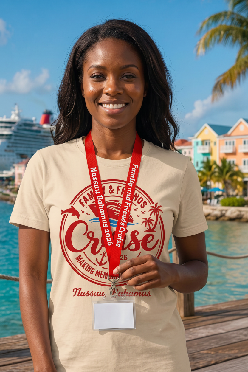 Woman wearing a cruise-themed t-shirt with a lanyard and badge, standing by water with a cruise ship in the background.