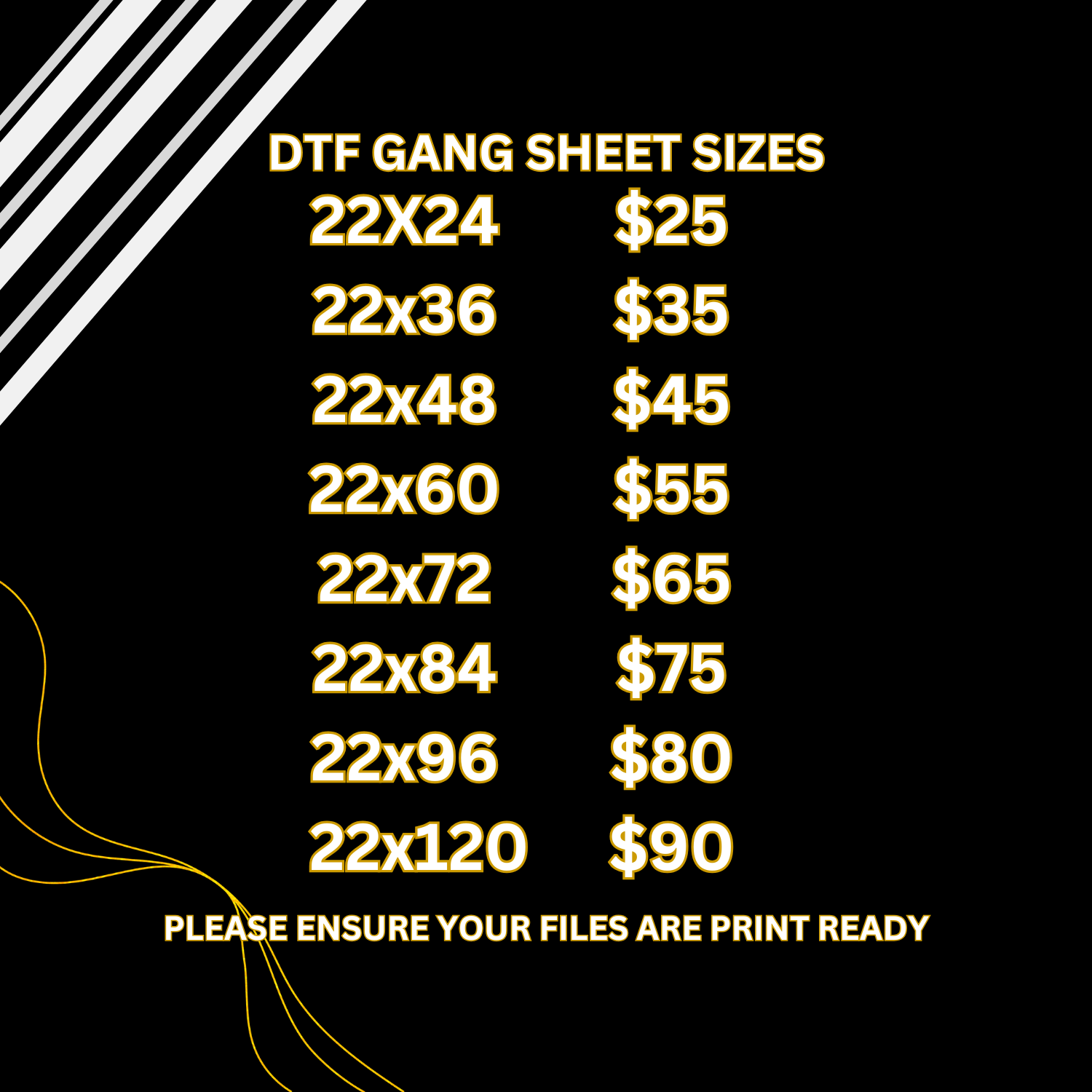 A price list image showing various DTF Gang Sheet sizes along with their corresponding prices.