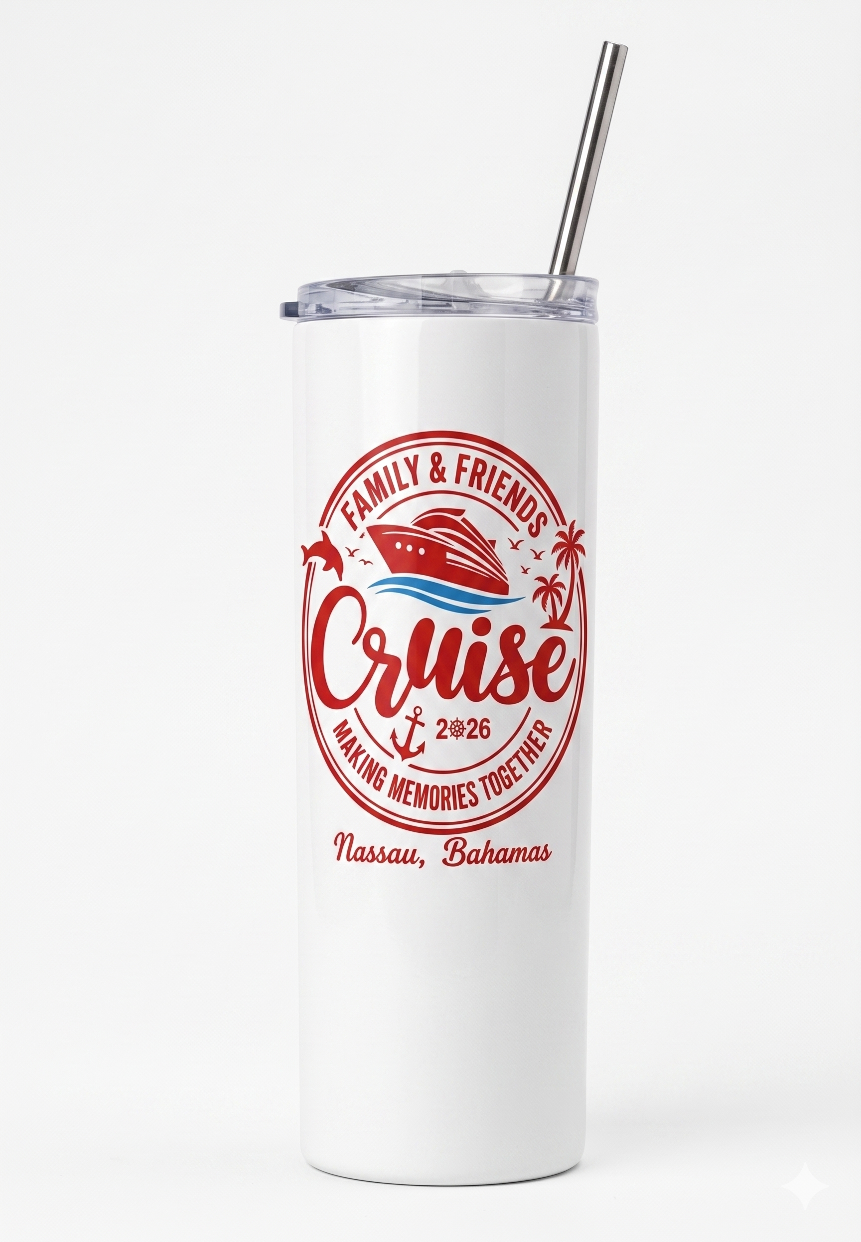 Family & Friends Cruise 2026 Personalized Skinny Tumbler – Nassau, Bahamas