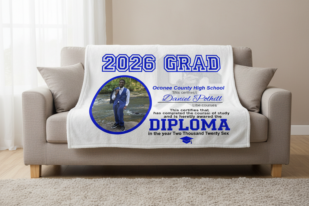 Graduation-themed certificate for Oconee County High School with a photo of a graduate and text about graduation year 2026.