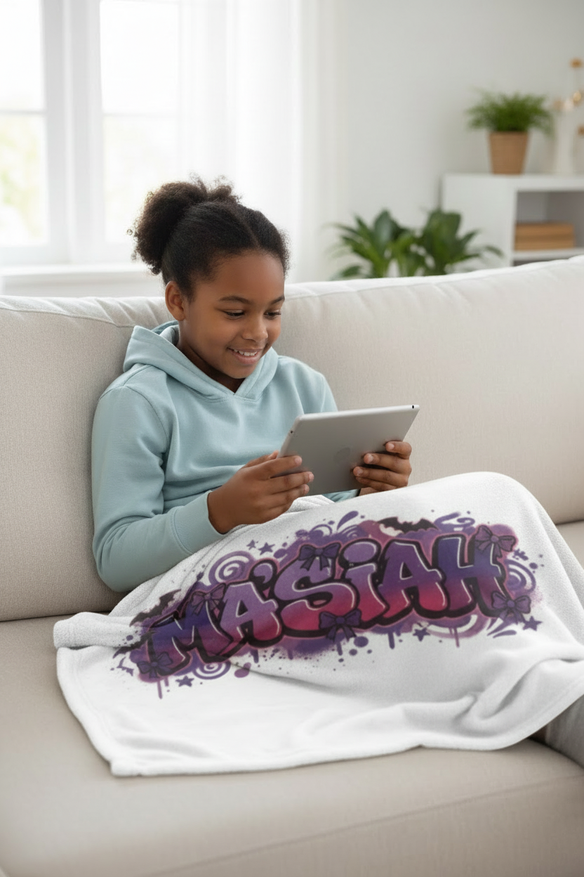 White blanket with grafitti purple and black personalized name. 