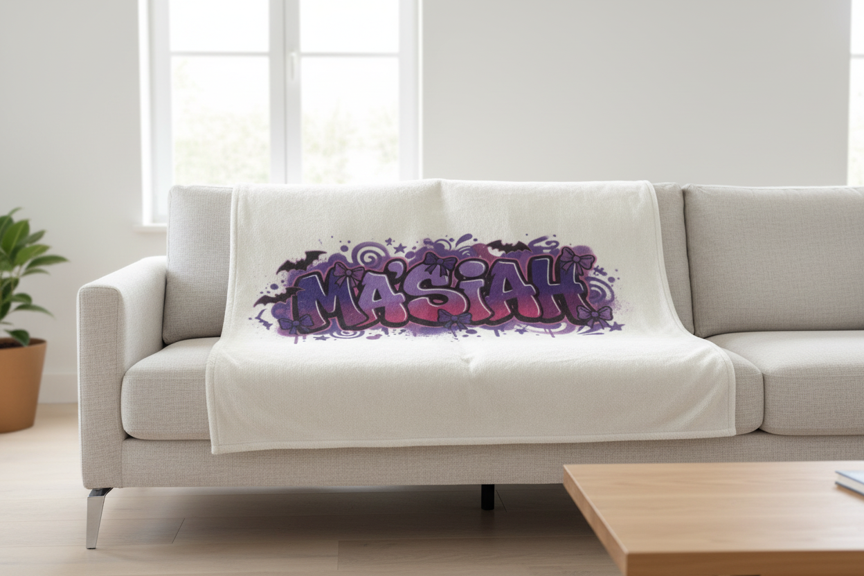 White blanket with grafitti purple and black personalized name.