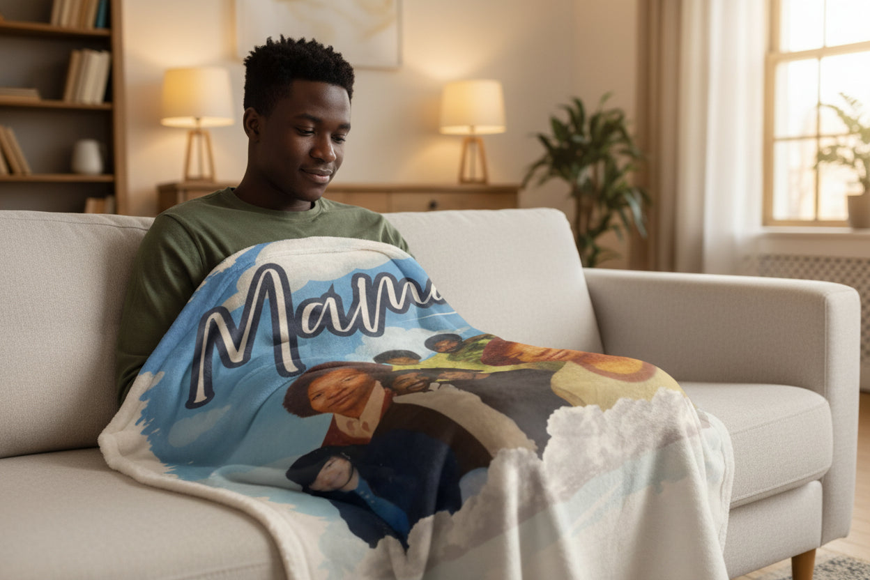 Blanket with photos in memory of a family member that has passed on.