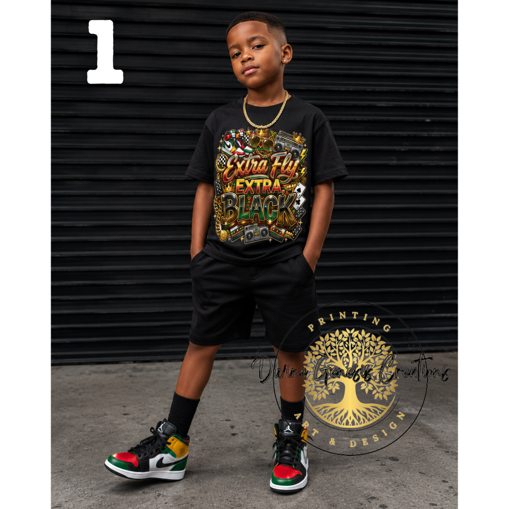 Child wearing a black t-shirt with colorful graphics and text, standing against a black background.