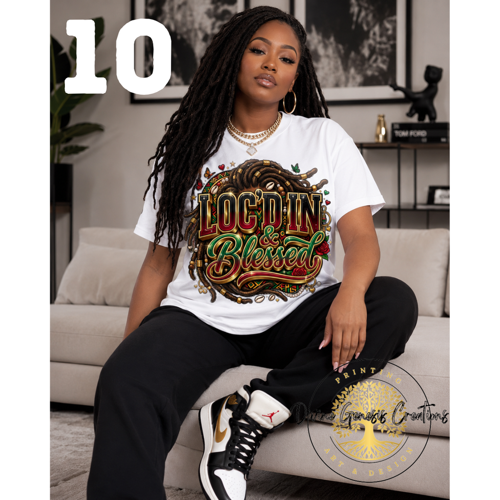Woman wearing a 'Loc'd In & Blessed' t-shirt sitting on a couch in a living room.