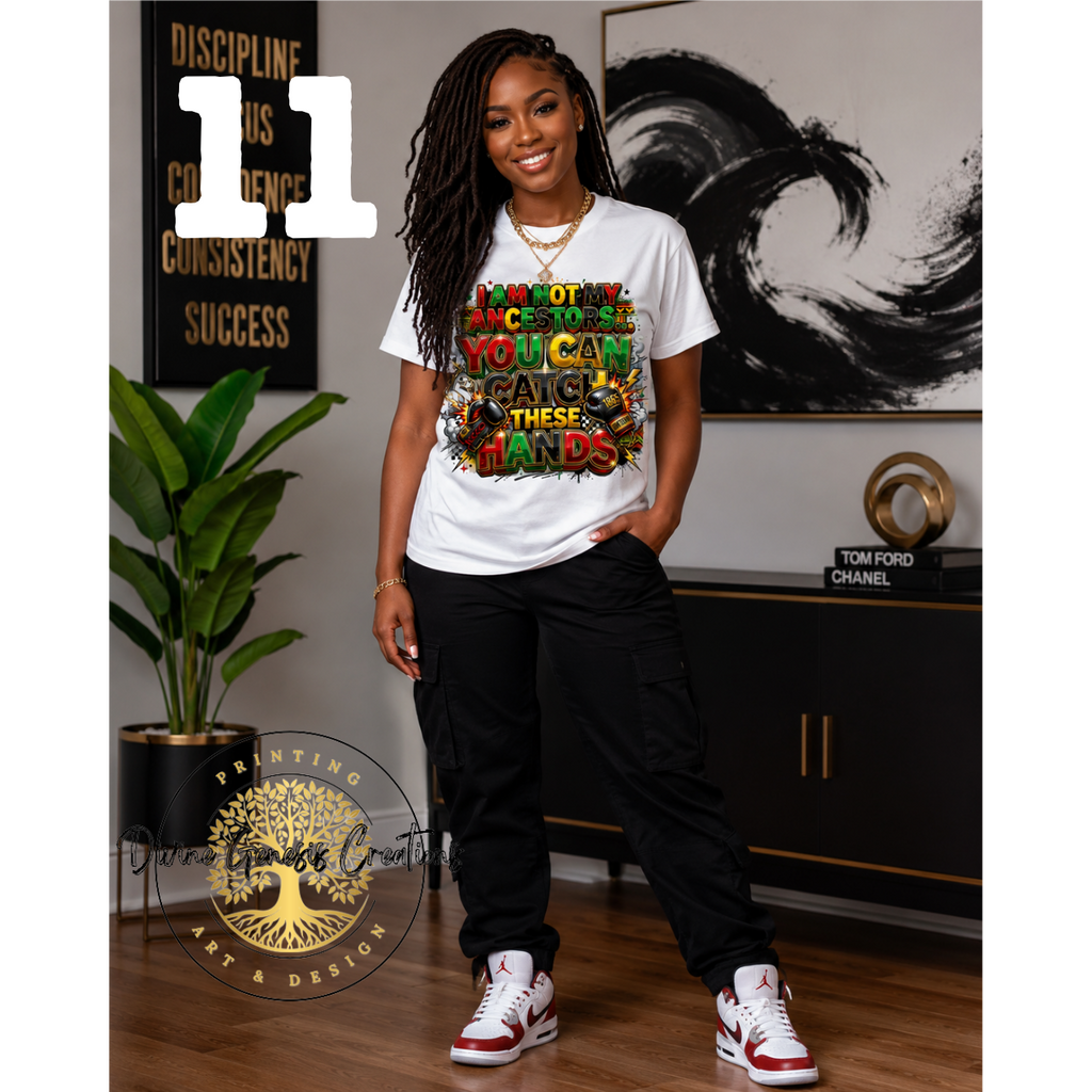 Woman wearing a colorful graphic t-shirt in an indoor setting with decor elements.