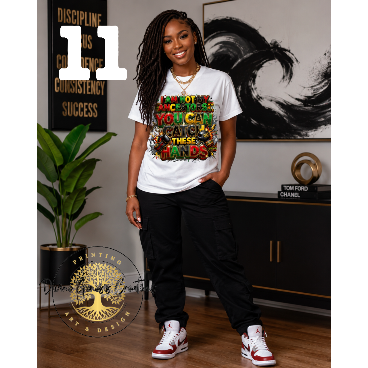 Woman wearing a colorful graphic t-shirt in an indoor setting with decor elements.