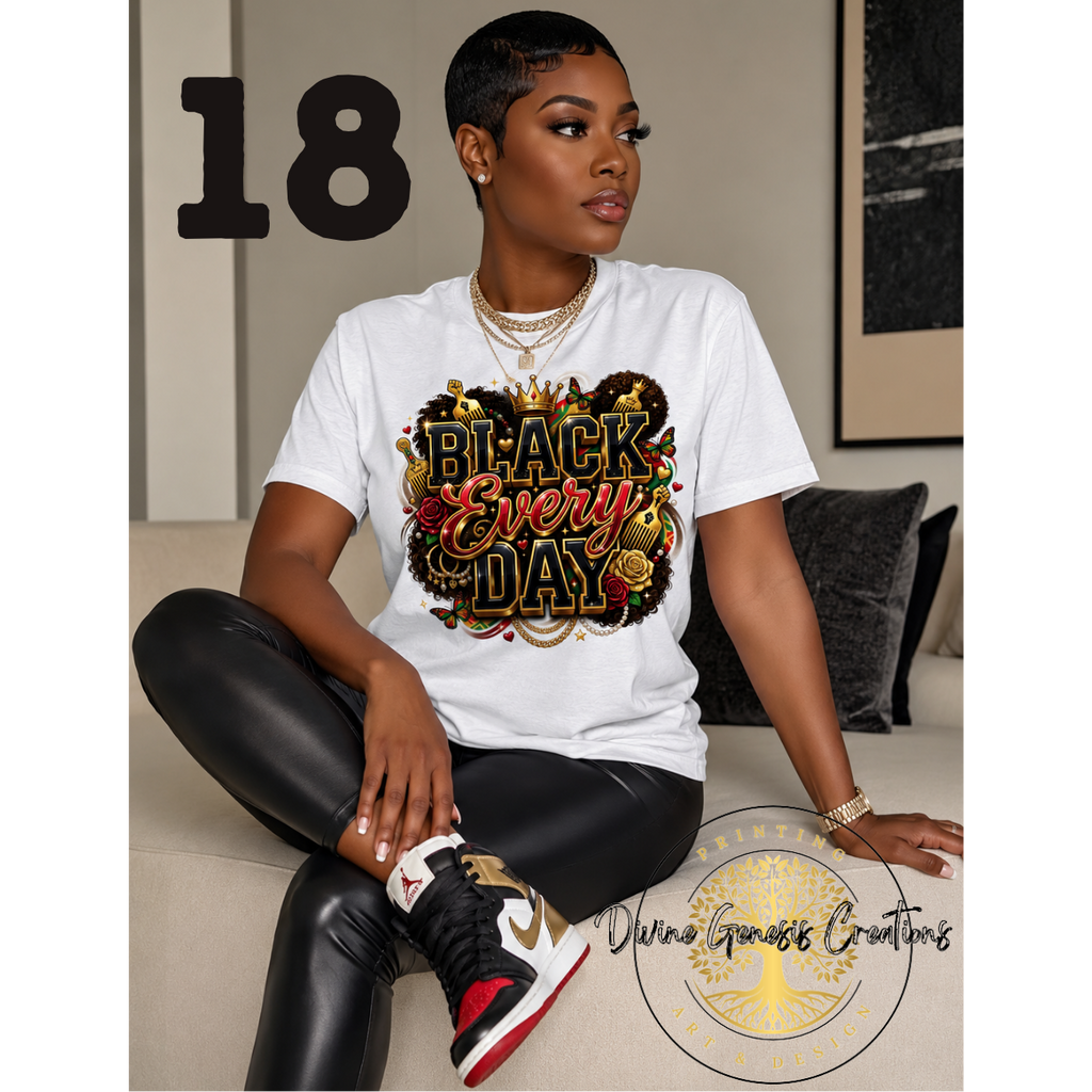 Woman wearing a white t-shirt with 'Black Every Day' design, sitting on a couch.