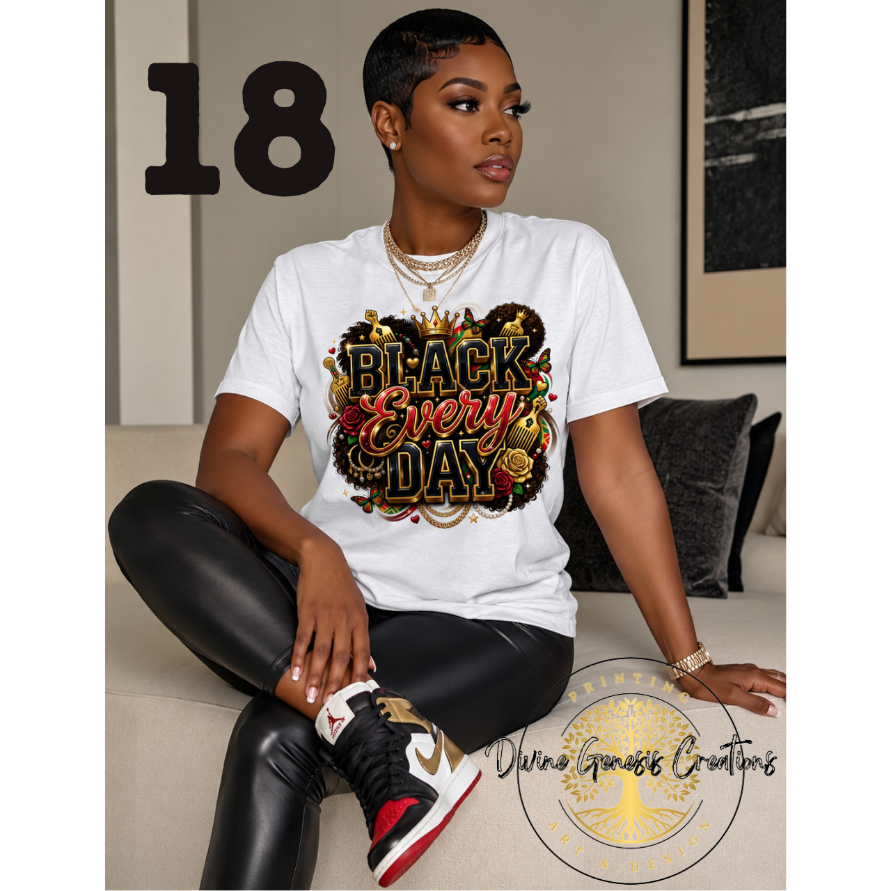 Woman wearing a white t-shirt with 'Black Every Day' design, sitting on a couch.