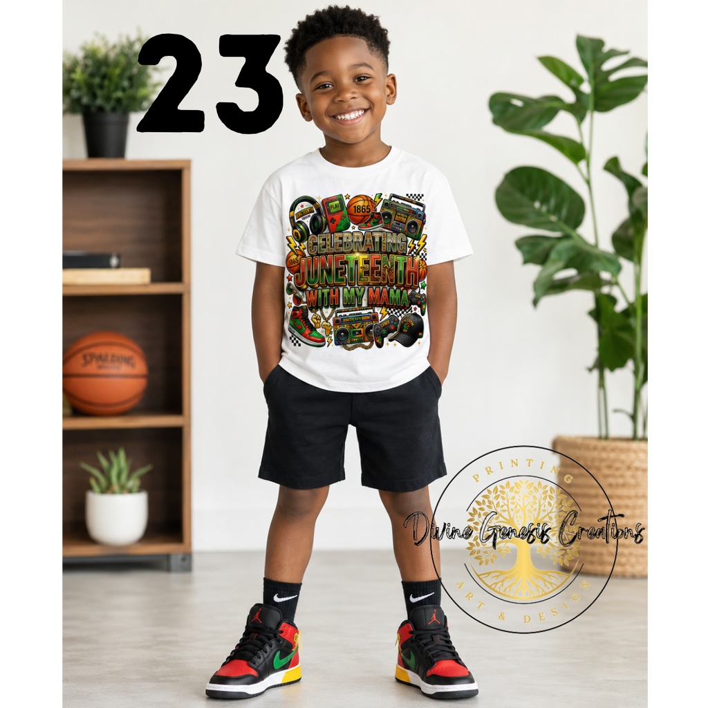Child wearing a colorful graphic t-shirt with '23' and 'Deference' text, standing in a room with plants and a basketball.