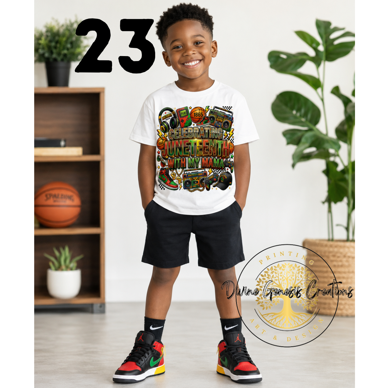Child wearing a colorful graphic t-shirt with '23' and 'Deference' text, standing in a room with plants and a basketball.