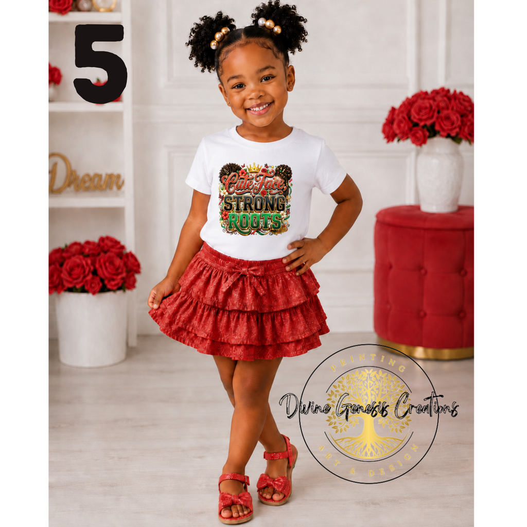 Young girl in a white t-shirt and red skirt with 'Strong Roots' design, standing in a decorated room.