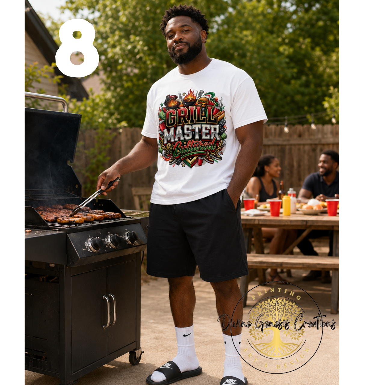 Man grilling outdoors wearing a 'Grill Master' t-shirt with a family in the background.