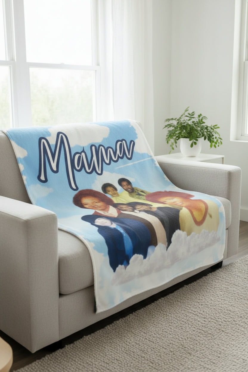 Blanket with photos in memory of a family member that has passed on.