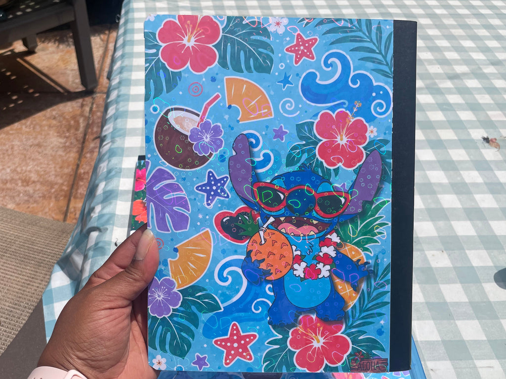Personalized Composition Book featuring a colorful cartoon character and tropical floral designs
