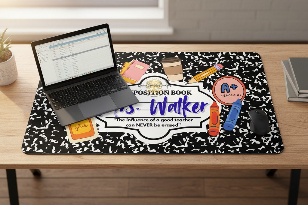 Composition book with educational-themed design on a black and white patterned background for a large deskmat.