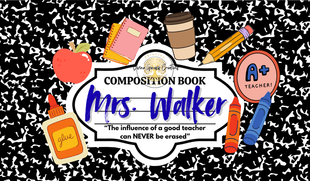Composition book image with educational-themed design on a black and white patterned background for mousepad.