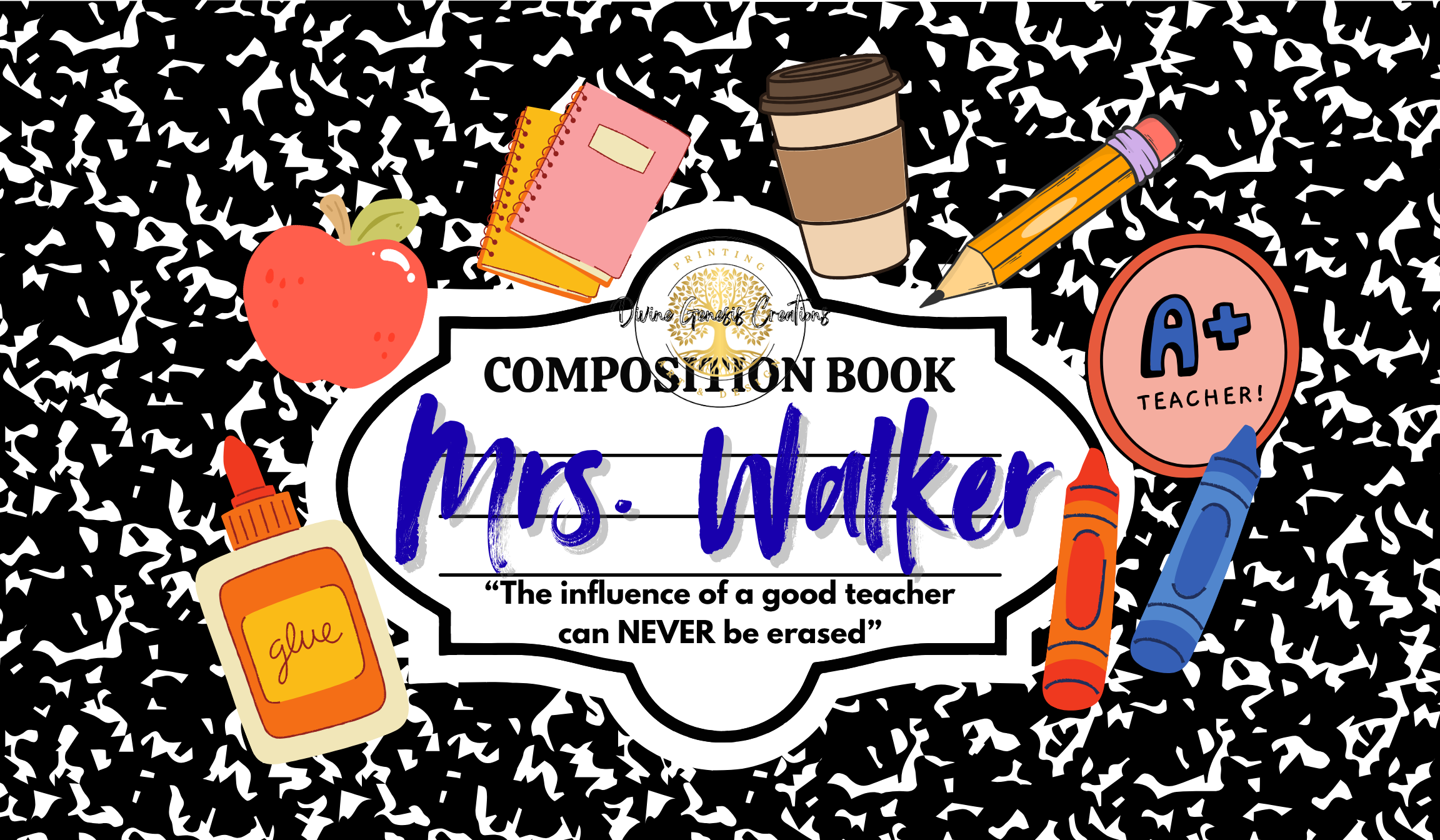 Composition book image with educational-themed design on a black and white patterned background for mousepad.