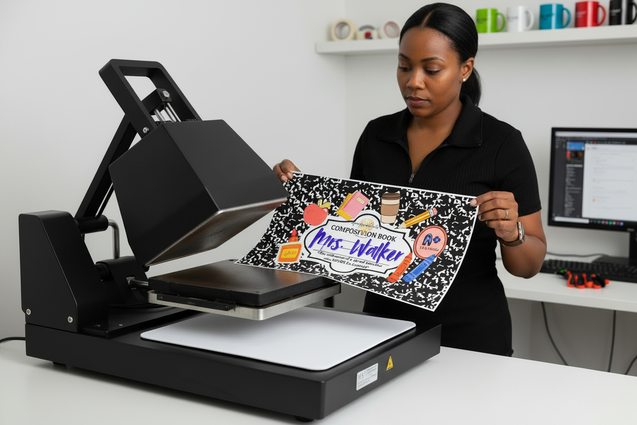 Composition book image with educational-themed design on a black and white patterned background for mousepad.