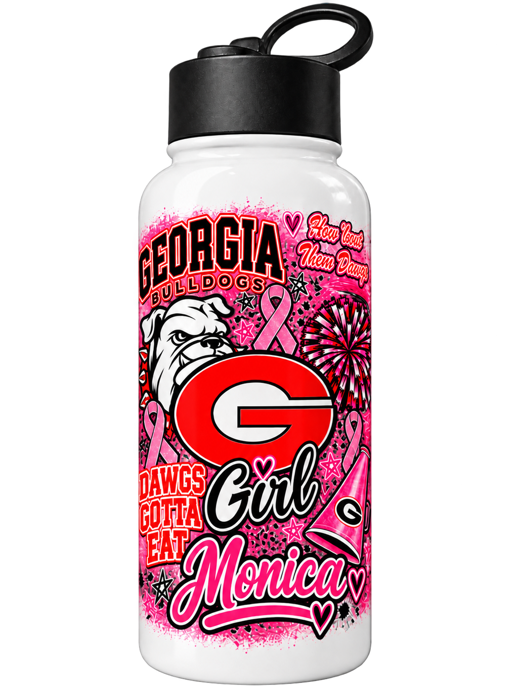 White 30 oz tumbler mockup with pink breast cancer awareness ribbons and Georgia-themed graphics; sample name Monica