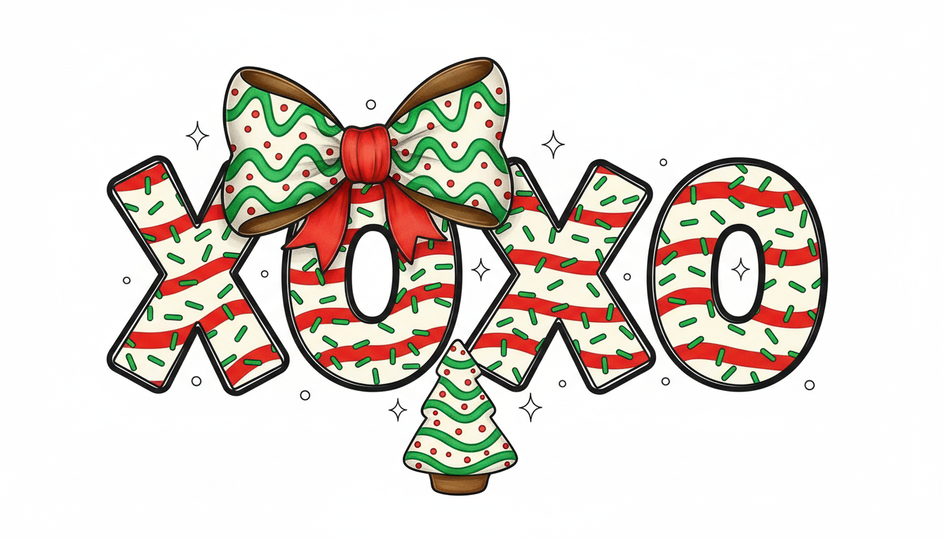 XOXO Christmas Tree Cake Design • Holiday Snack Cake SVG PNG • Festive Christmas Graphic for Apparel & Gifts